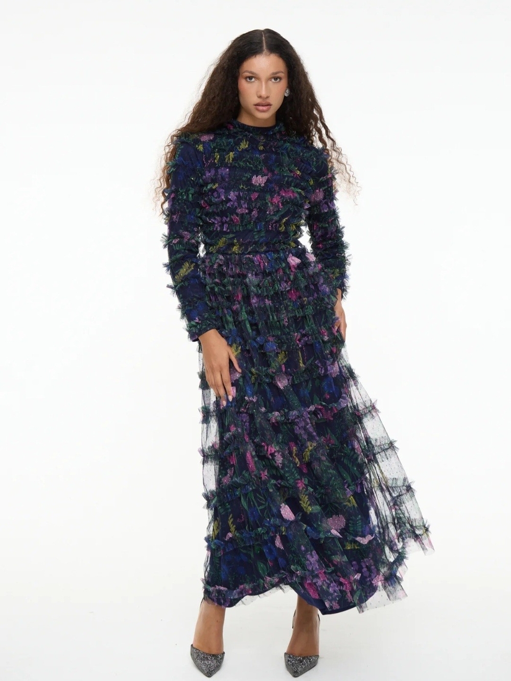 Long Sleeve Navy Floral Fringe Maxi Dress